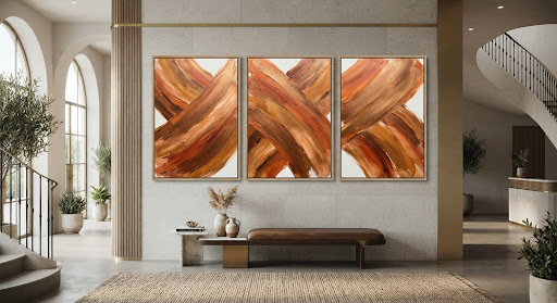 Terracotta Rhythms — triptych in burnt orange and bronze